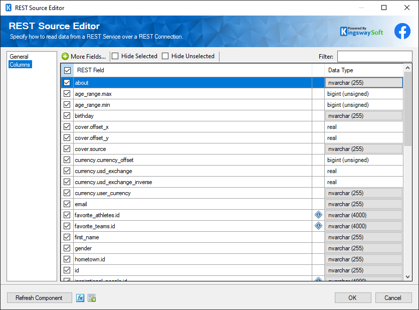 SSIS Facebook Messenger REST Source - Columns